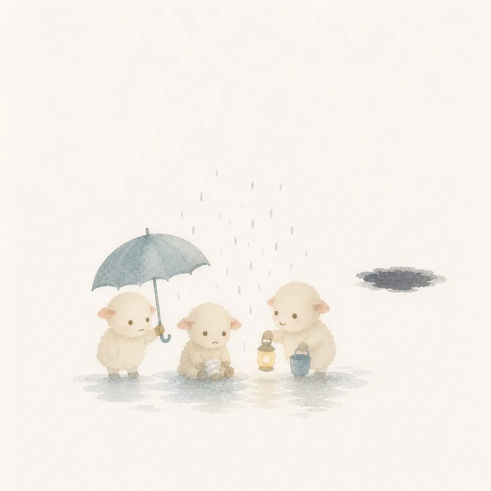 A watercolor of little lambs holding an umbrella over a sad friend in the rain