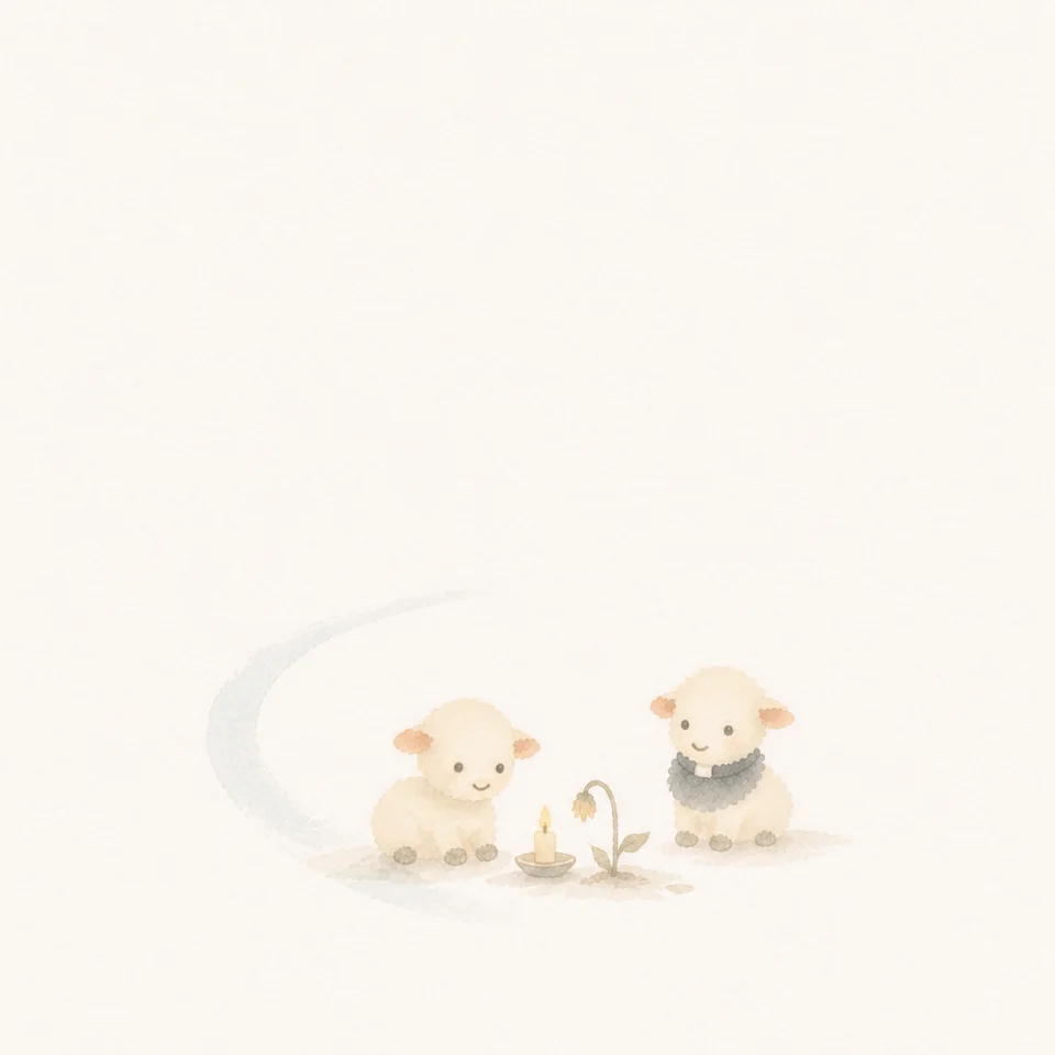 A watercolor of a little lamb praying quietly beside a candle and a wilted flower
