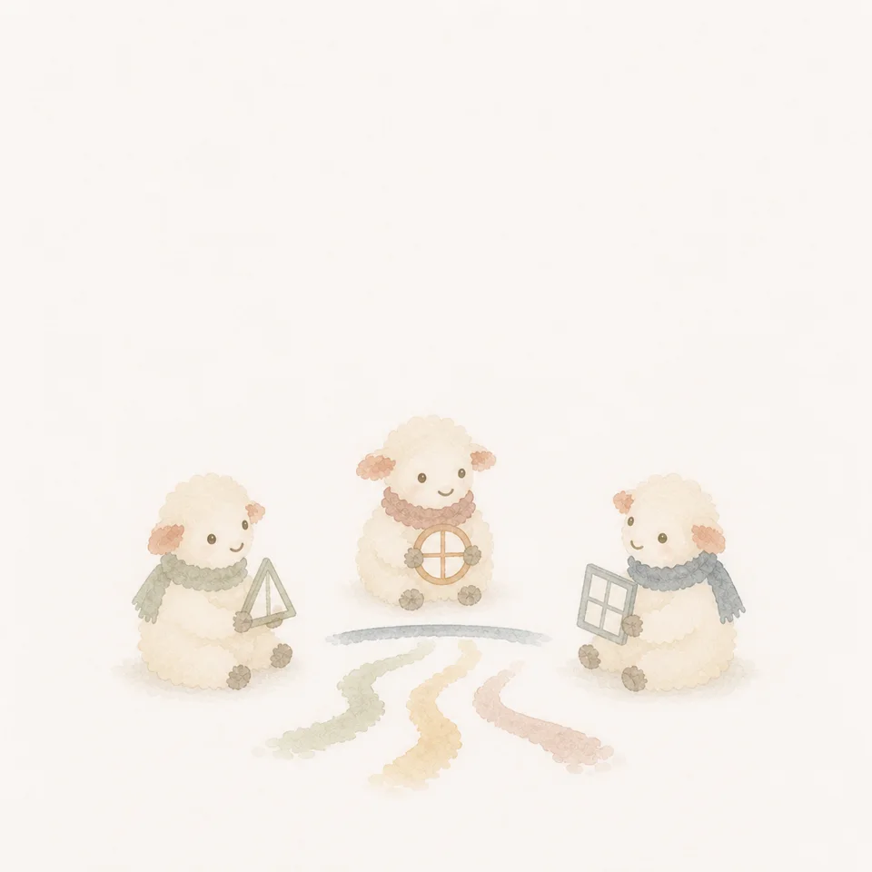 A watercolor of a little lamb studying a map of many roads with a rabbit and a fox
