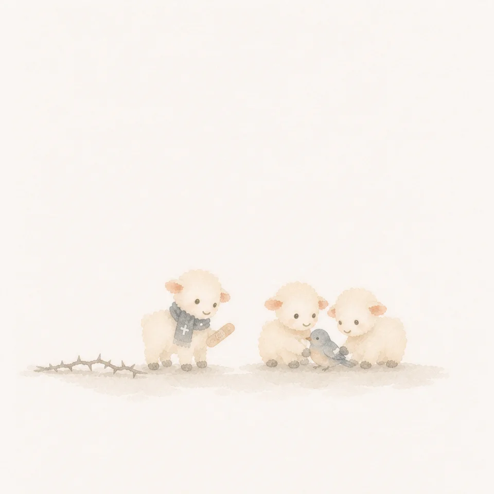 A watercolor of a little lamb and animal friends caring for an injured bird together