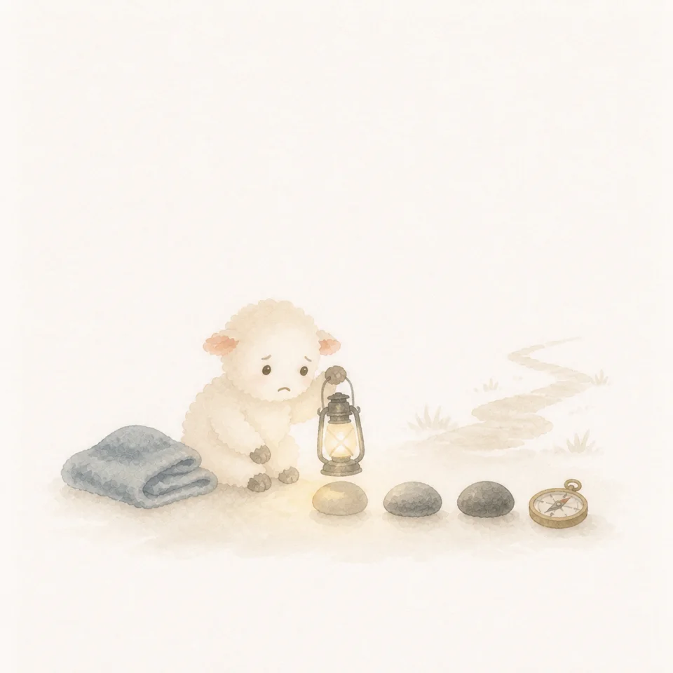 A watercolor of a little lamb finding a path at night with a lantern and a compass