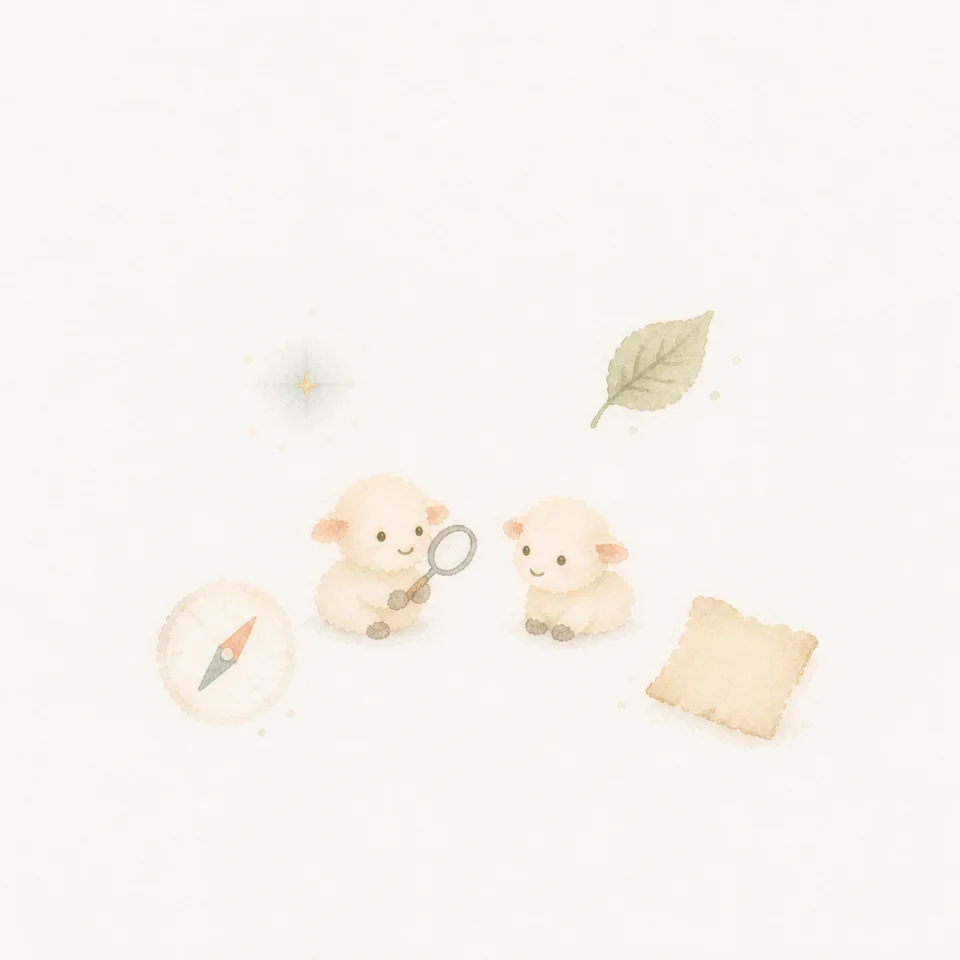 A watercolor of a little lamb examining clues in nature with a magnifying glass