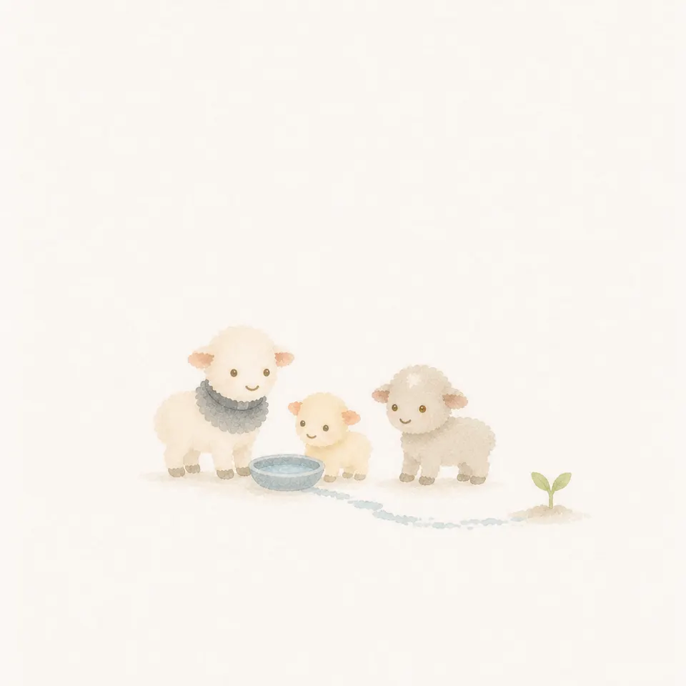 A watercolor of a family and a community blessing a baby lamb at the baptismal font