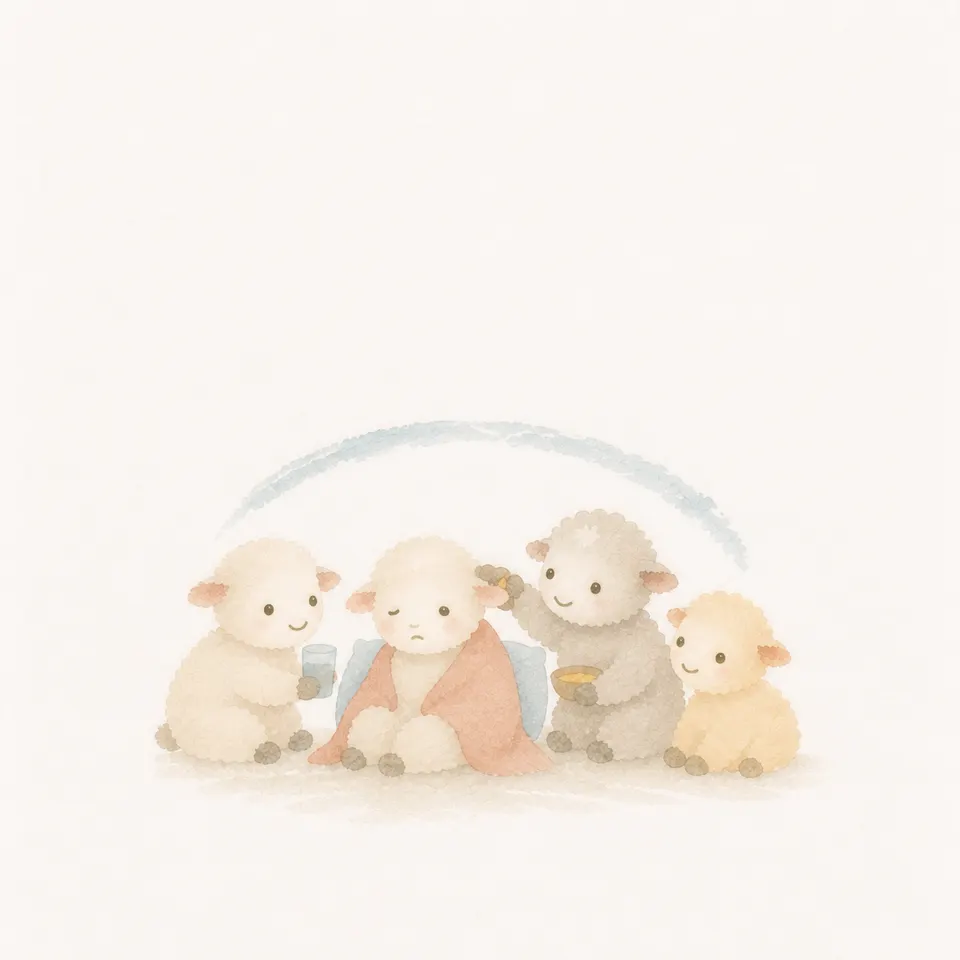 A watercolor of a community sharing comfort and the Anointing of the Sick beside an ill friend