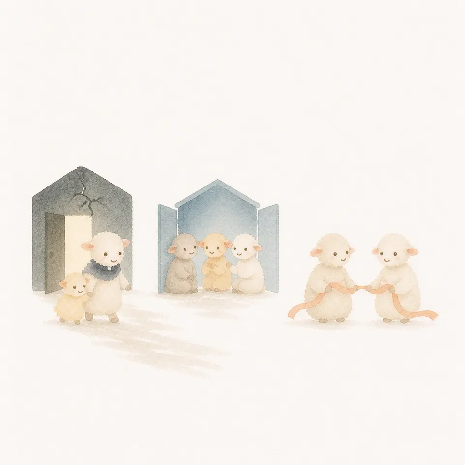 A watercolor of a lamb leaving a violent home and heading for a safe community