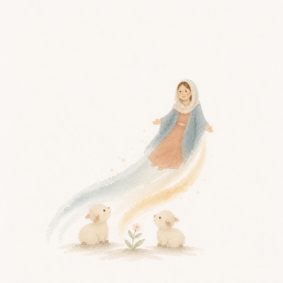 Watercolor of Mary lifted up by the light of God while lambs look on in hope
