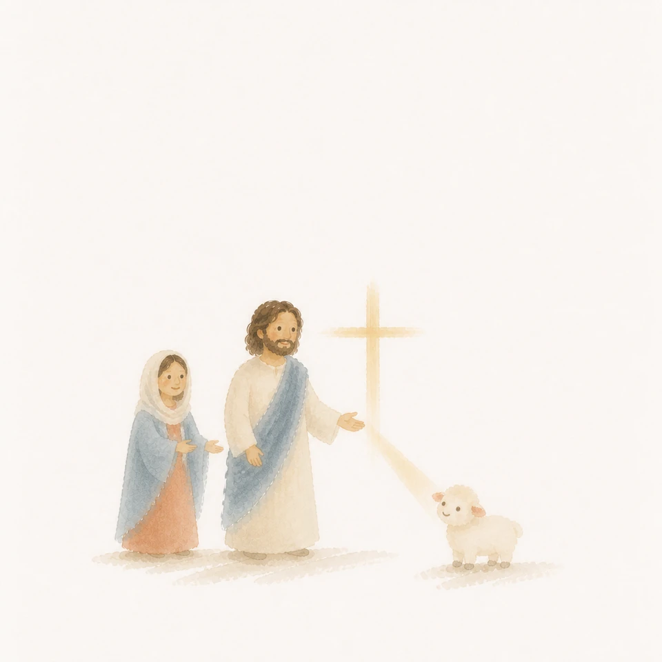Watercolor of Mary and a lamb, with Mary pointing to the saving light of Jesus