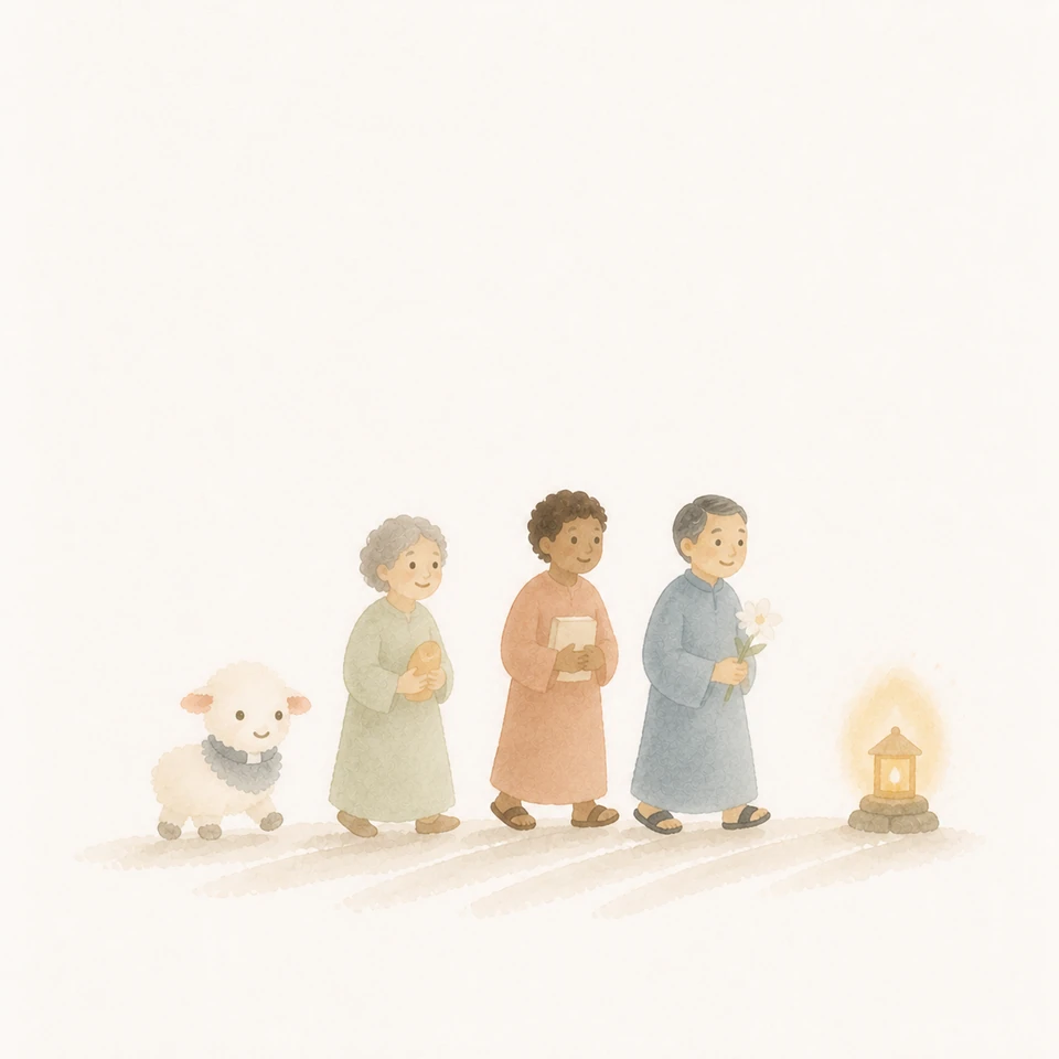 Watercolor of several saints and a lamb walking one road, carrying their examples of love