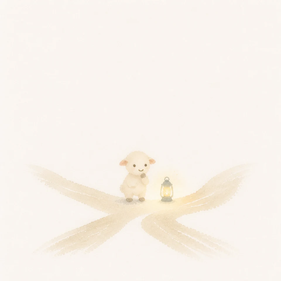 A watercolor of a little lamb freely choosing its road under a light that falls on every path