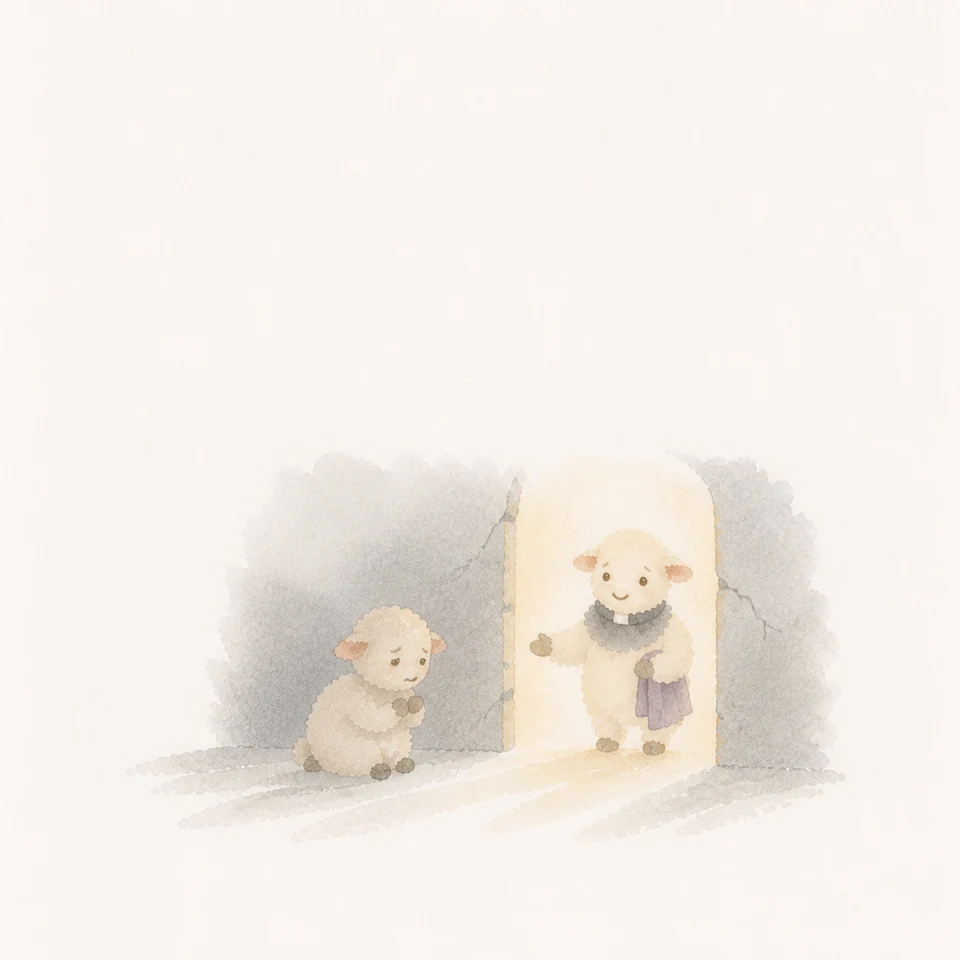 A watercolor of a little lamb turning back through the open door in a cracked wall to ask for reconciliation
