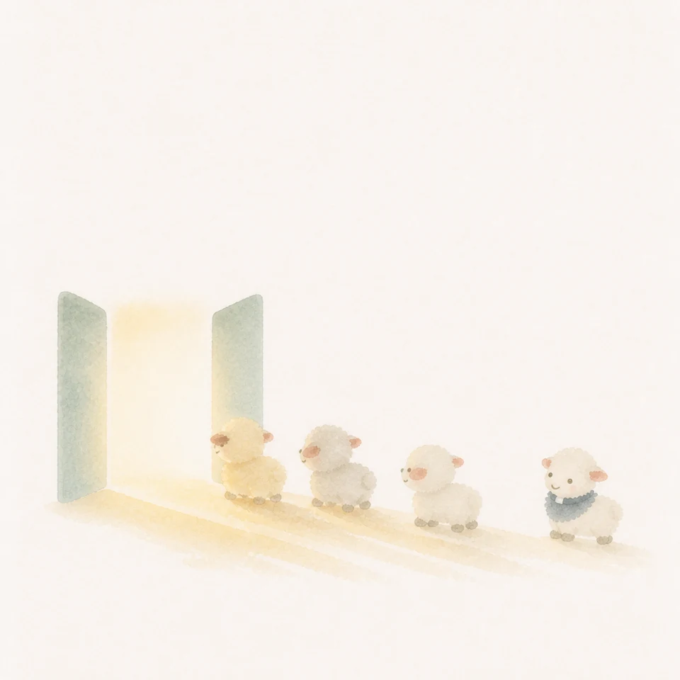 A watercolor of little lambs waiting before a door of light open to everyone, with no one pushing another