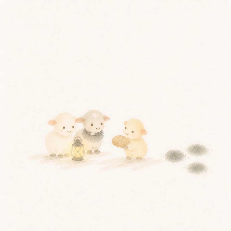 A watercolor of little lambs turning away from meaningless smudges of fear and sharing a lamp and bread