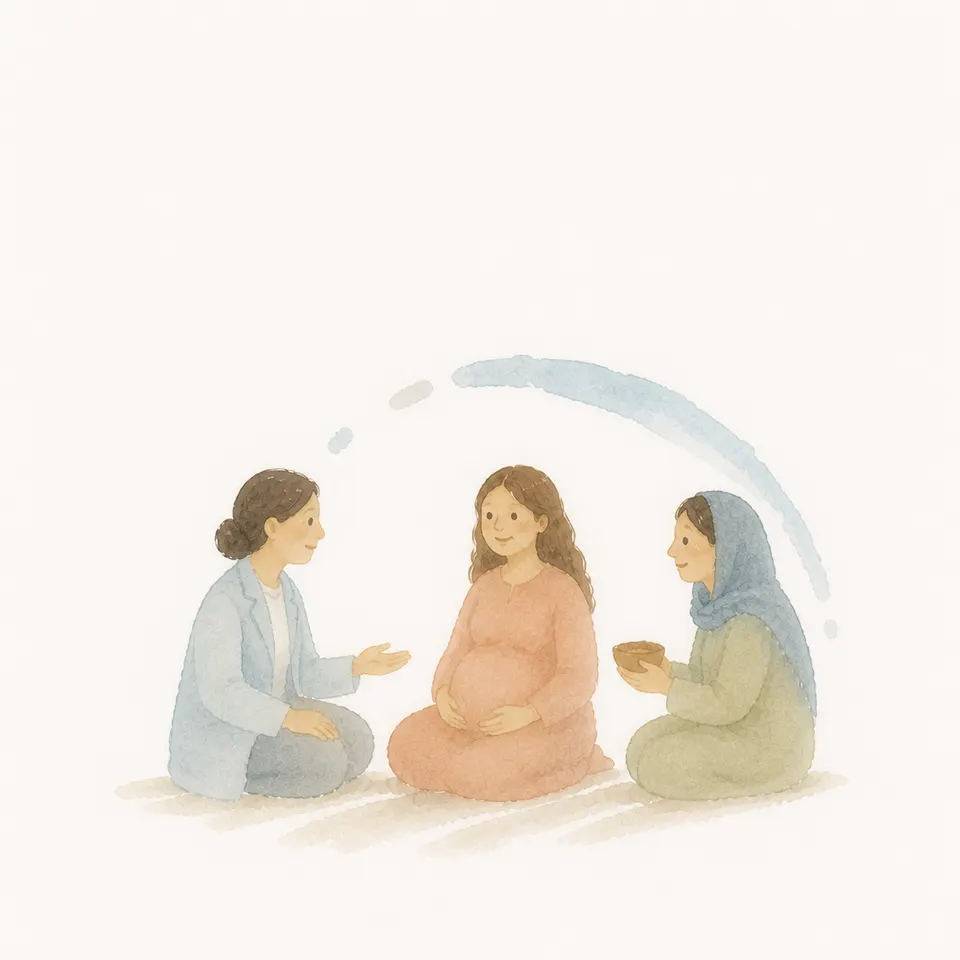 A watercolor of medical staff and a community caring together for the life of a pregnant woman and her baby