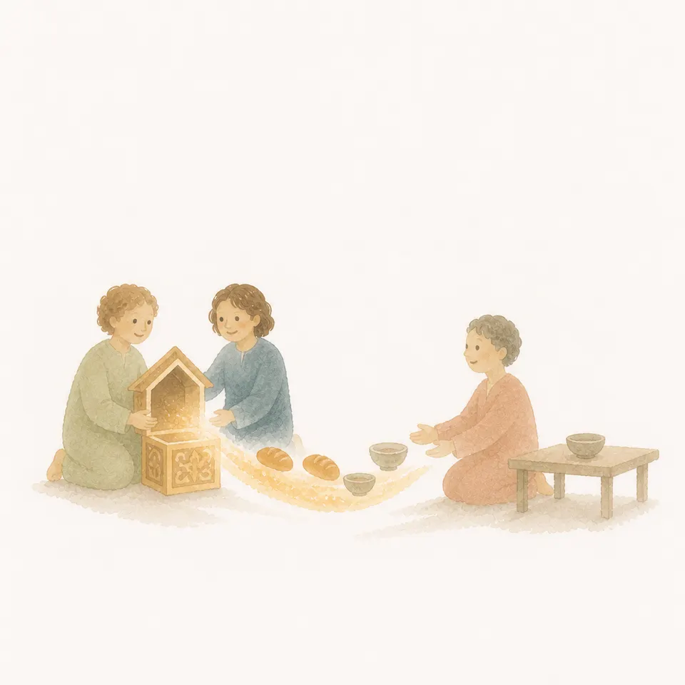 A watercolor of a community opening the wealth of an ornate church and sharing it with neighbors at an empty table
