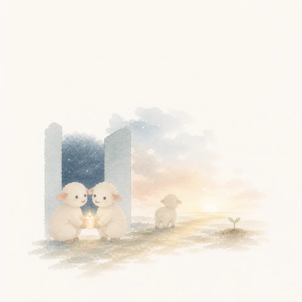 별밤이 보이는 문 앞에서 촛불을 함께 감싼 두 어린 양과, 새싹 돋은 들판 너머 해 뜨는 쪽으로 걸어가는 어린 양 수채화