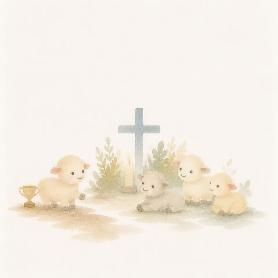 마른 땅에 금빛 우승컵을 두고, 촛불 켜진 십자가와 그 곁에 모인 세 어린 양에게로 걸어가는 어린 양 수채화