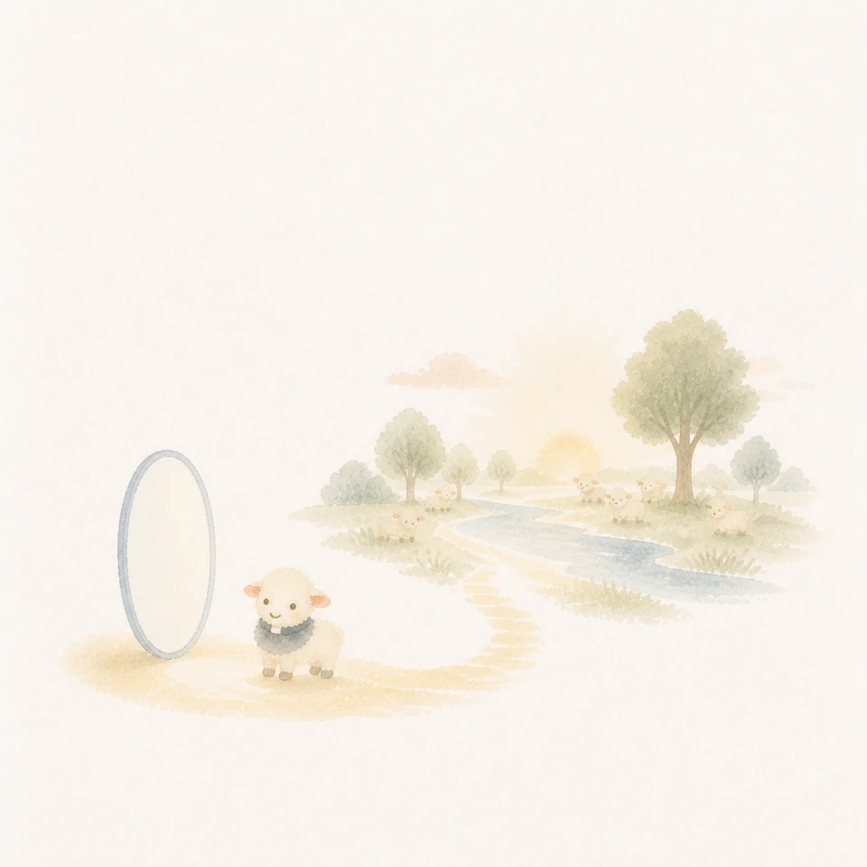 개인의 진실을 비추는 작은 빛에서 온 창조가 밝아지는 지평선으로 이어지는 어린 양 추상 수채화