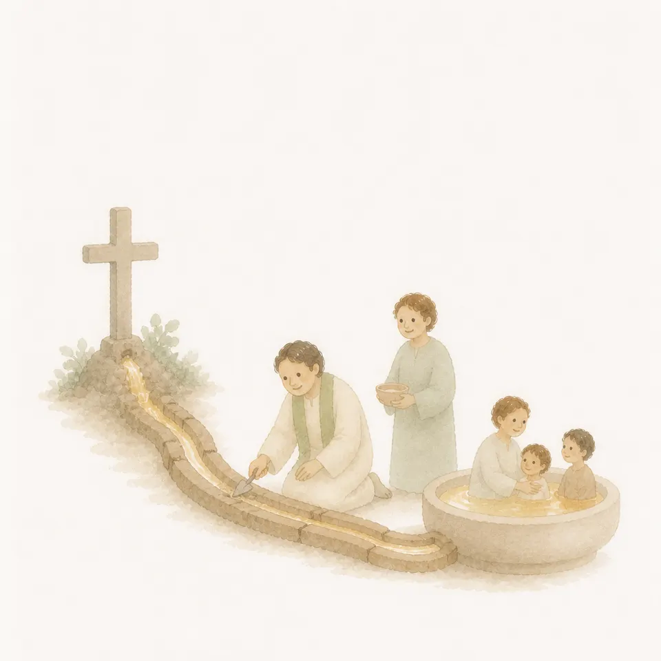 금 간 관을 고치며 그리스도의 샘에서 오는 은총을 바라보는 수채화
