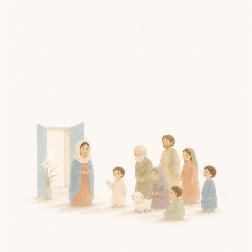 열린 집 곁에서 예수님과 넓은 가족을 맞이하는 마리아 수채화