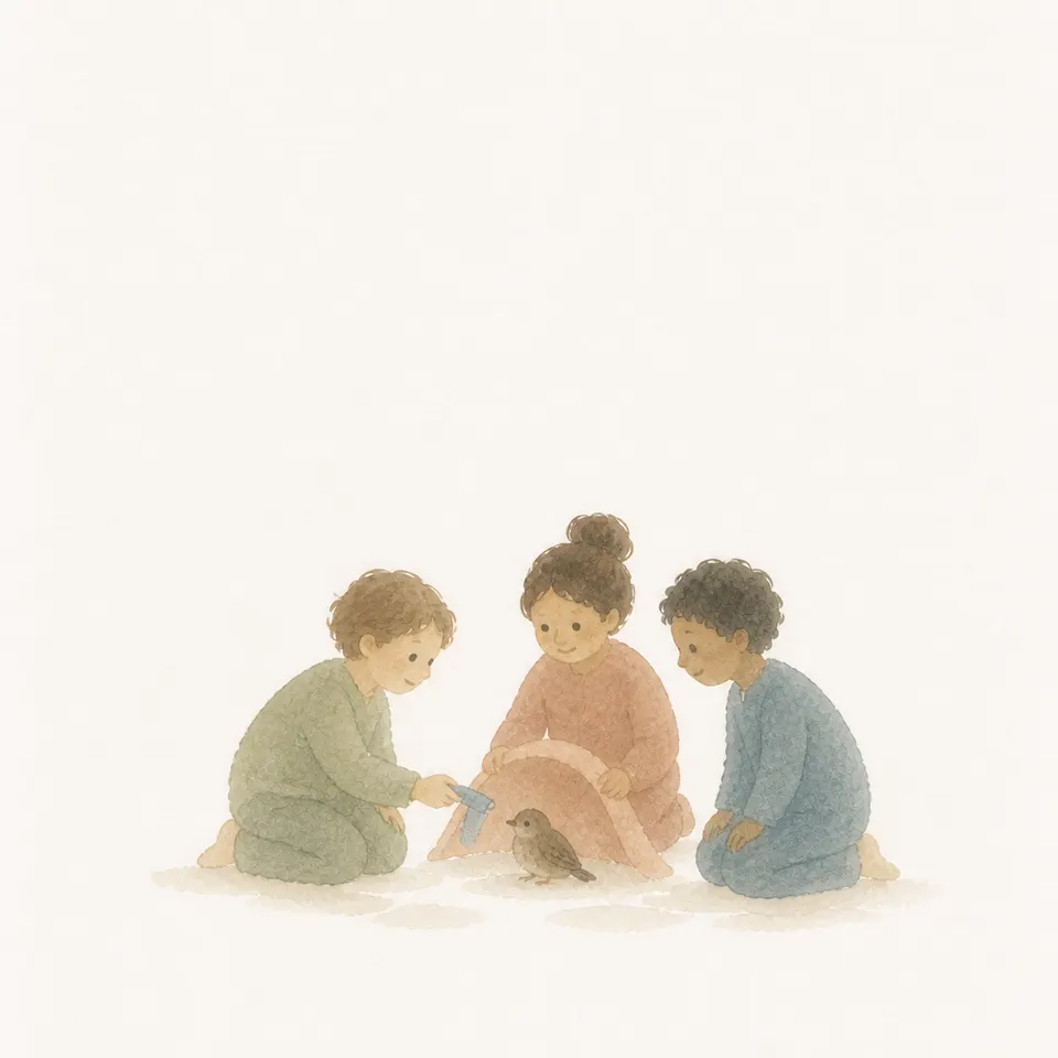 서로 다른 친구들이 다친 새를 함께 돌보며 존엄을 지키는 수채화