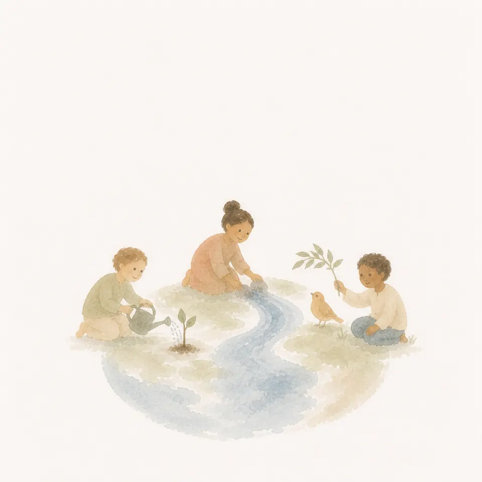 지구 모양 정원에서 나무와 물과 생명을 함께 돌보는 수채화