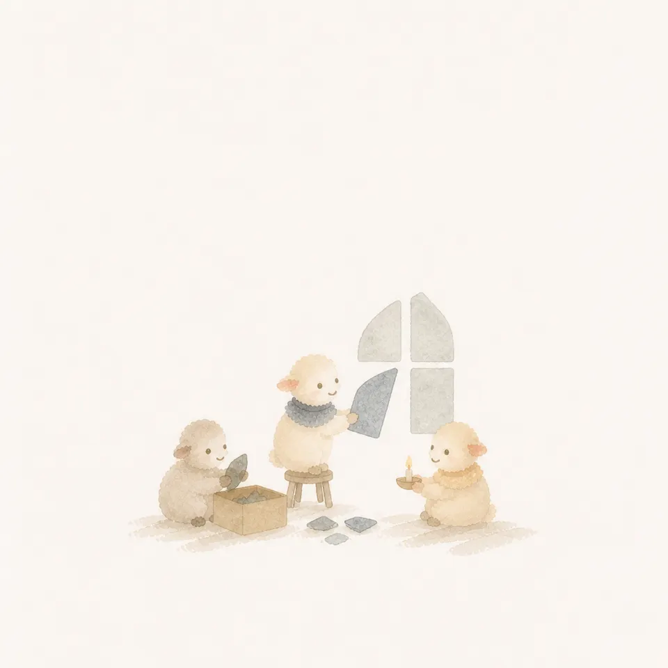 종교재판의 상처를 기억하며 깨진 창을 고치는 어린 양 수채화