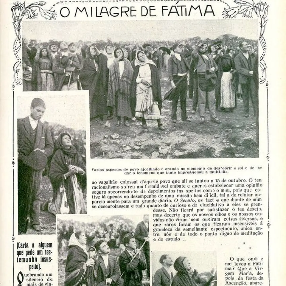 1917 оны Португалийн зурагт сэтгүүлийн нүүр. “Фатимагийн гайхамшиг” гэсэн гарчгийн дор талбай дүүрэн олон нэгэн зэрэг тэнгэр өөд ширтэж буй зураг