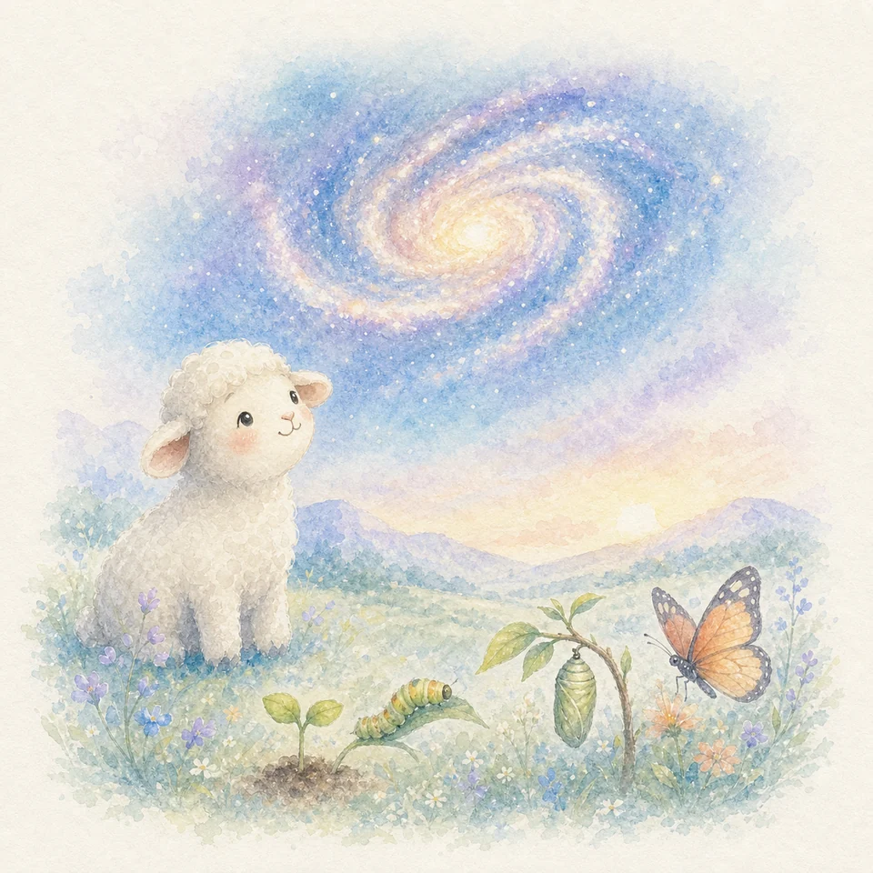 은하와 나비의 변화를 바라보는 어린 양 수채화