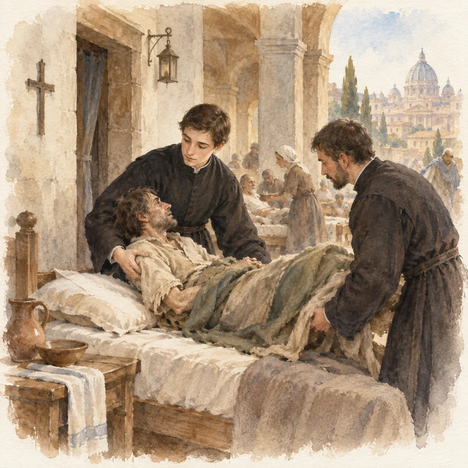 성 알로이시오 곤자가 — 1591년 로마의 병원 문간에서 젊은 예수회 수사 알로이시오가 거리에서 데려온 환자를 동료와 함께 침상에 눕힌다