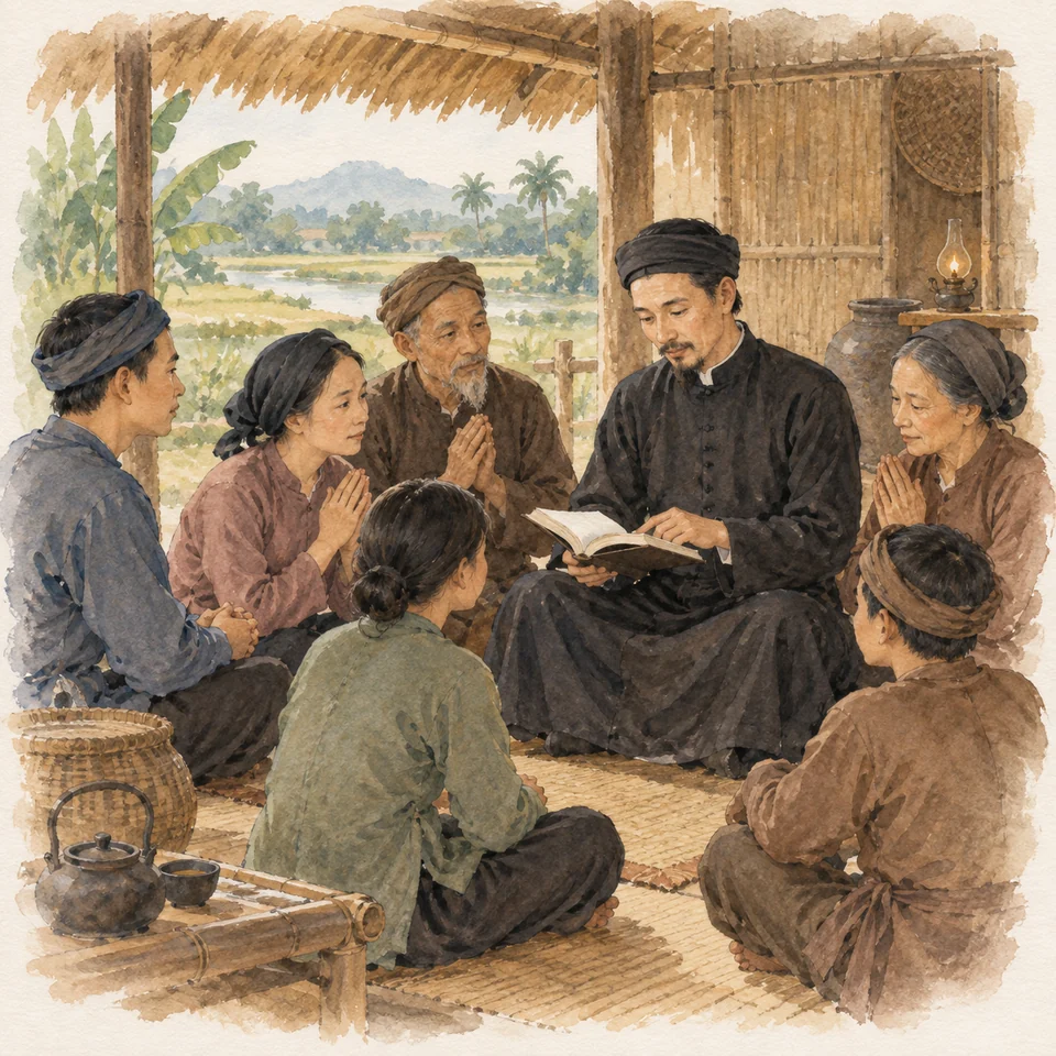 성 안드레아 둥락과 동료 순교자들 — 베트남 시골의 소박한 집에서 둥락 신부가 신자들과 조용히 성경을 읽고 기도한다