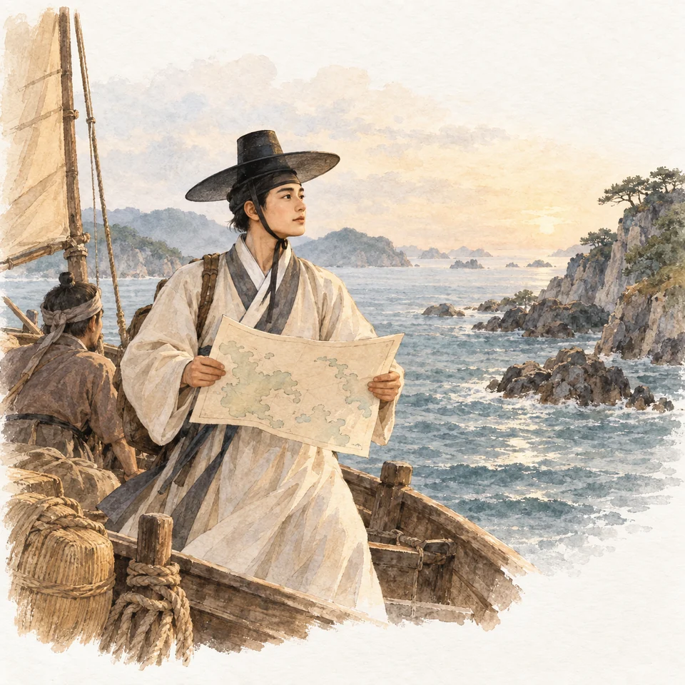 성 김대건 안드레아 — 조선 서해의 작은 배 곁에서 스물다섯 안팎의 김대건 신부가 해안의 굴곡을 살피며 뱃길을 정리한다