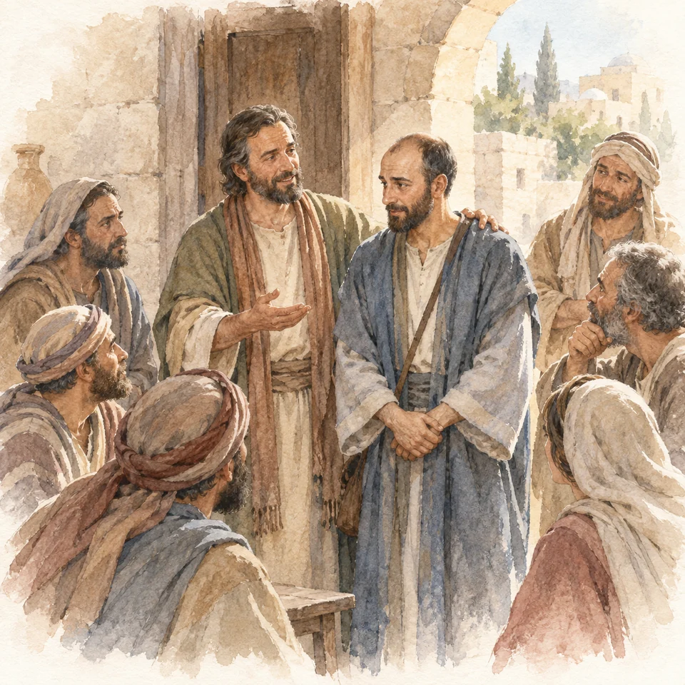 성 바르나바 사도 — 예루살렘의 제자 모임 입구에서 바르나바가 회심한 사울의 어깨 가까이에 손을 두고 사도들에게 소개한다