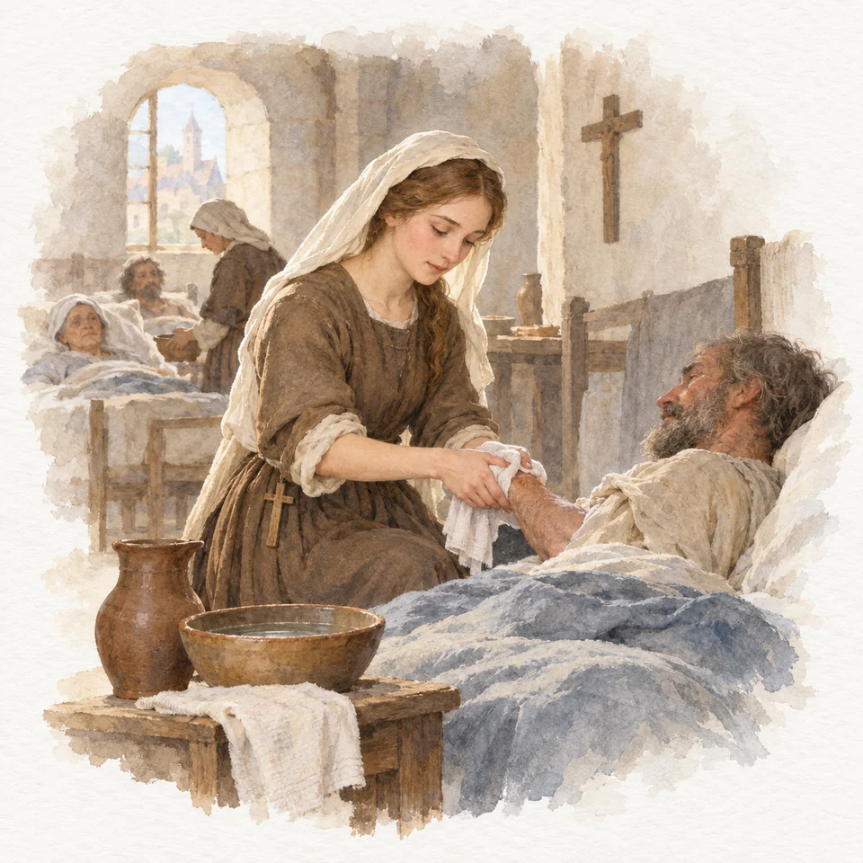 성녀 헝가리의 엘리사벳 — 마르부르크의 작은 병원에서 젊은 엘리사벳이 환자의 손을 씻기고 깨끗한 천으로 감싼다