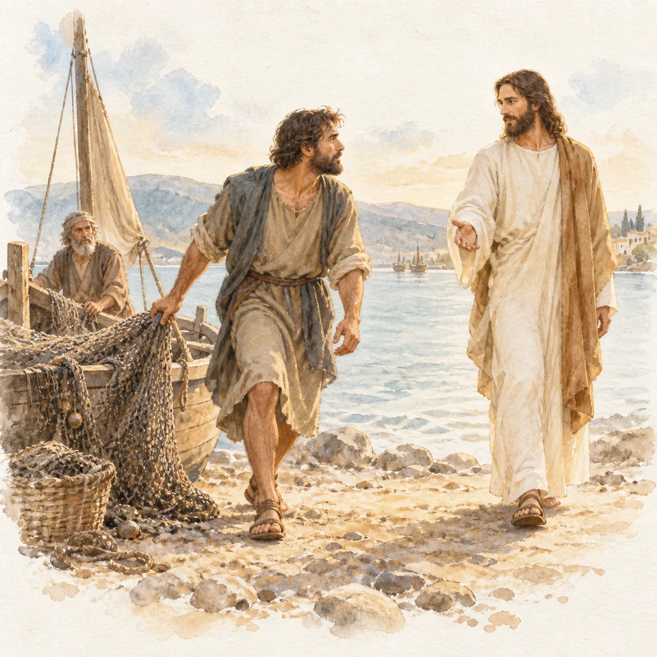 성 야고보 사도 — 갈릴래아 호숫가에서 야고보가 손질하던 그물을 배에 남겨 두고 예수님을 따라 첫걸음을 내딛는다