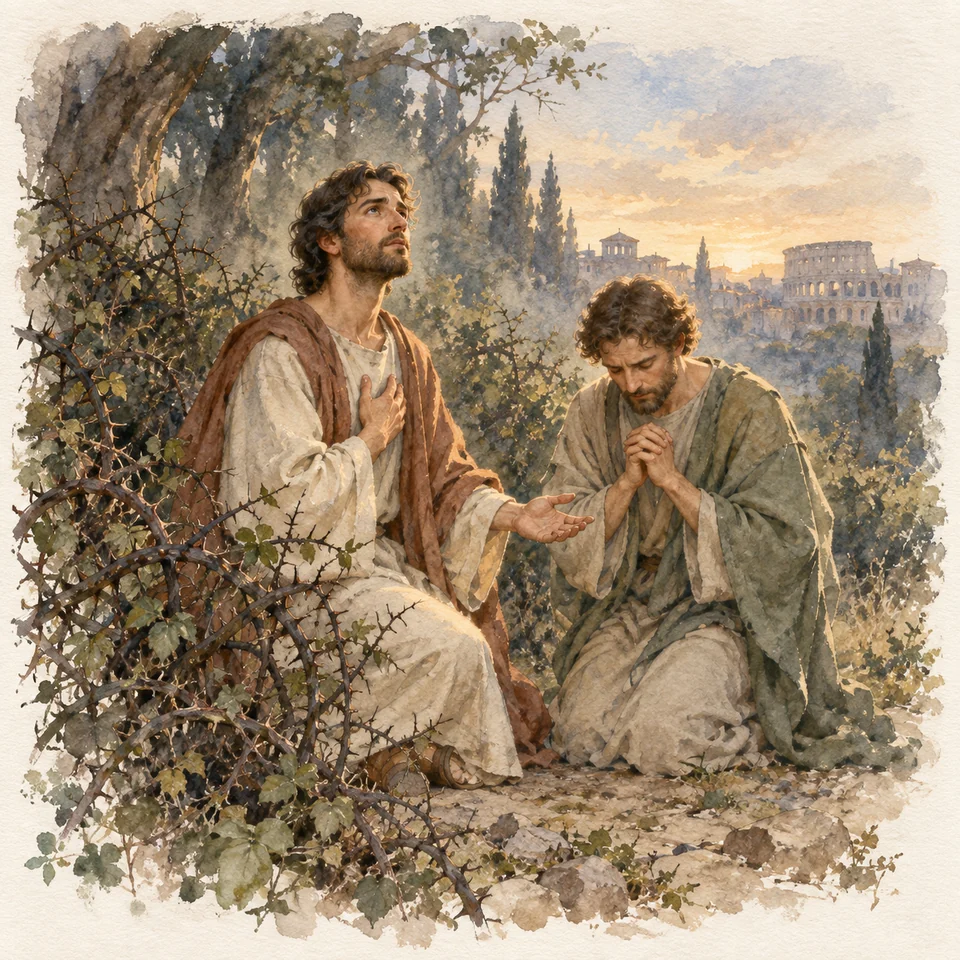 성 마르첼리노 — 로마의 가시덤불 숲 가장자리에서 마르첼리노가 동료 베드로와 나란히 멈춰 기도한다