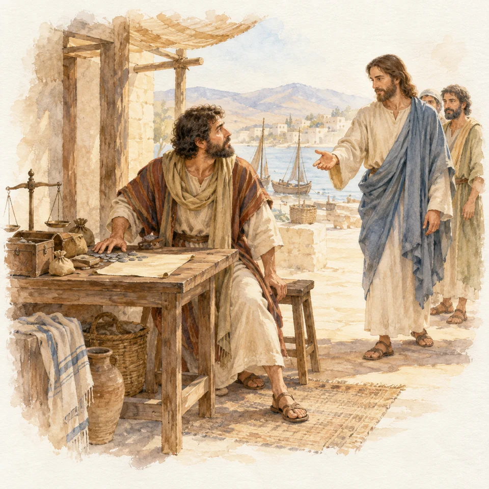 성 마태오 사도 복음사가 — 카파르나움 세관의 탁자에서 마태오가 돈을 세던 손을 멈추고 예수님의 부르심을 향해 일어선다