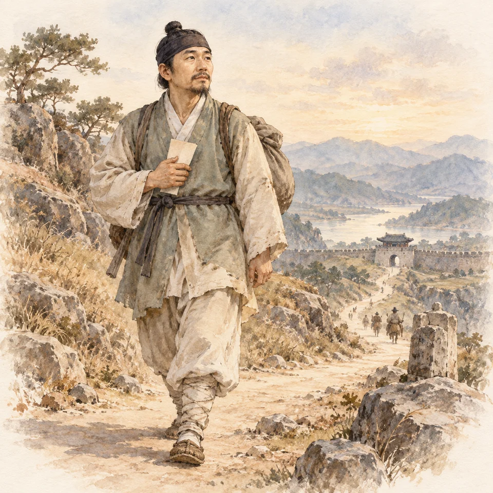 성 정하상 바오로 — 북경으로 가는 긴 길에서 정하상 바오로가 성직자를 청하는 편지를 품 안에 갈무리하고 다시 걷기 시작한다