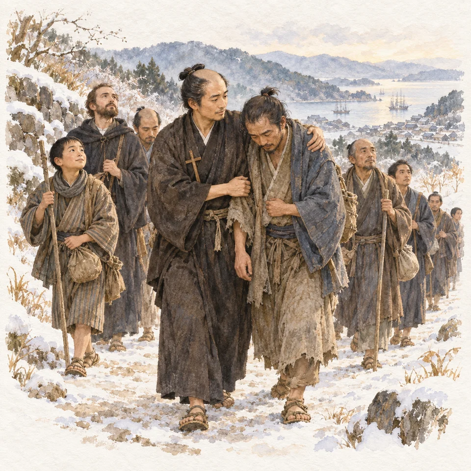 성 바오로 미키와 동료 순교자들 — 1597년 일본의 겨울 길에서 나가사키로 향하는 순교자 무리 가운데 바오로 미키 수사가 지친 동료를 부축한다